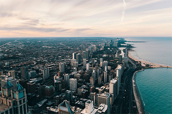 chicago skyline along lake michigan